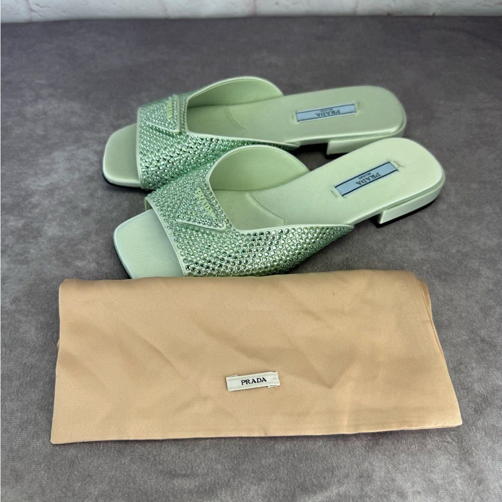 Prada Satin Crystal Embellished Green Slide Mules Sandals 37 NEW - Picture 9 of 9